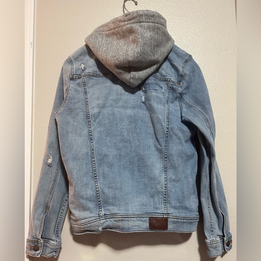 Hollister distressed light blue denim jean coat w/ grey sweatshirt hood -size m - Picture 5 of 11